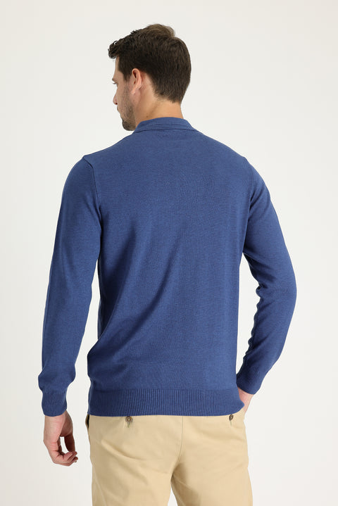 İndigo Melanj Polo Yaka Regular Fit Pamuklu Triko Kazak