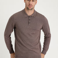 Light Brown Melange Polo Collar Regular Fit Cotton Knit Sweater