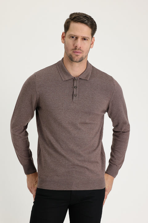 Light Brown Melange Polo Collar Regular Fit Cotton Knit Sweater