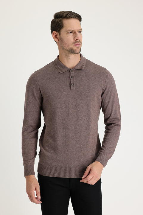 Light Brown Melange Polo Collar Regular Fit Cotton Knit Sweater