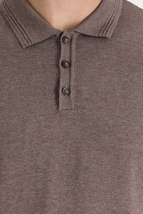 Light Brown Melange Polo Collar Regular Fit Cotton Knit Sweater