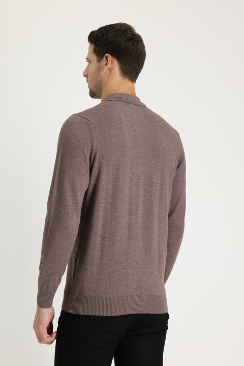 Light Brown Melange Polo Collar Regular Fit Cotton Knit Sweater