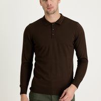 Dark Brown Polo Collar Regular Fit Cotton Knit Sweater