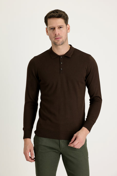 Dark Brown Polo Collar Regular Fit Cotton Knit Sweater