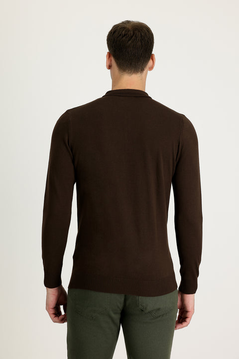 Dark Brown Polo Collar Regular Fit Cotton Knit Sweater