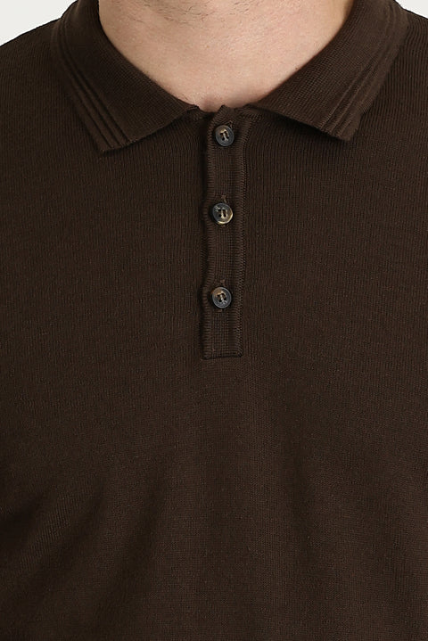 Dark Brown Polo Collar Regular Fit Cotton Knit Sweater