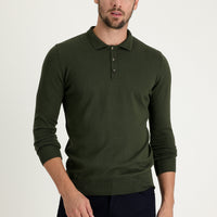 Medium Khaki Polo Collar Regular Fit Cotton Knit Sweater