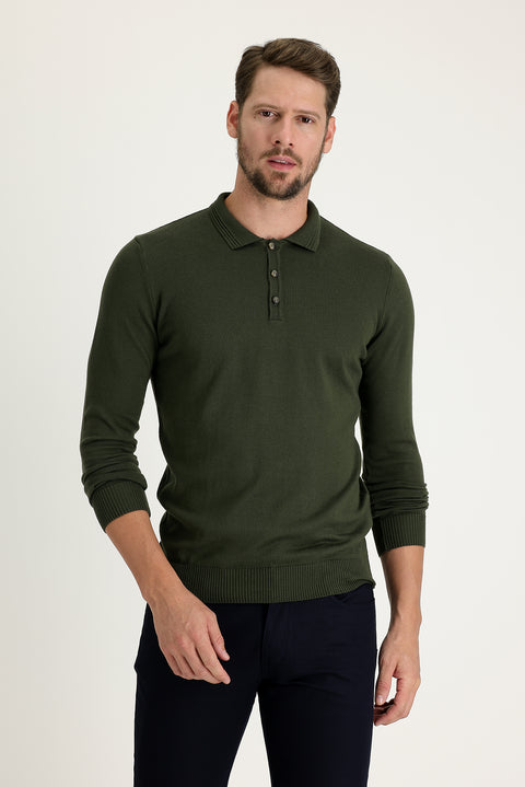 Medium Khaki Polo Collar Regular Fit Cotton Knit Sweater