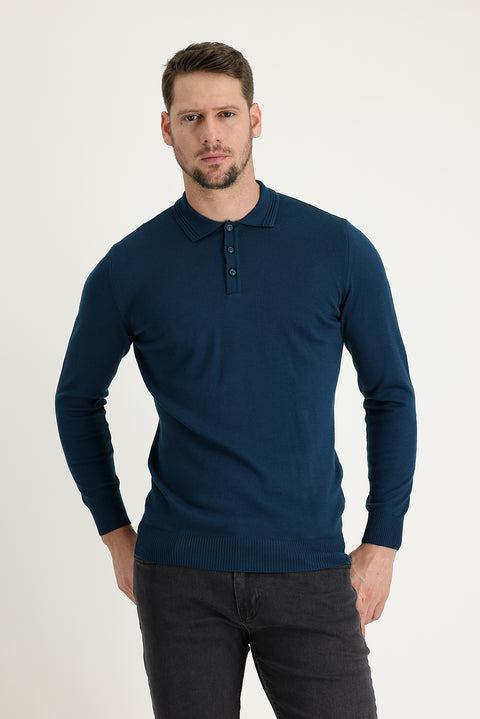 Orta Petrol Polo Yaka Regular Fit Pamuklu Triko Kazak
