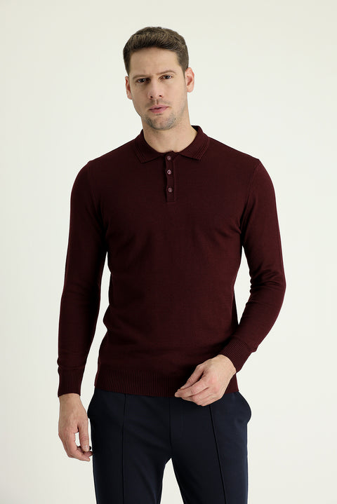 Koyu Bordo Polo Yaka Regular Fit Pamuklu Triko Kazak