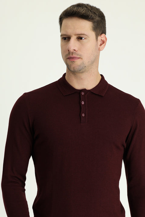 Koyu Bordo Polo Yaka Regular Fit Pamuklu Triko Kazak