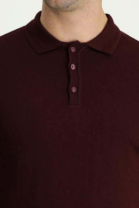 Koyu Bordo Polo Yaka Regular Fit Pamuklu Triko Kazak