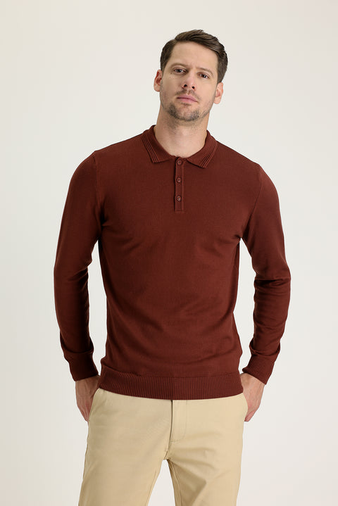 Kiremit Polo Yaka Regular Fit Pamuklu Triko Kazak