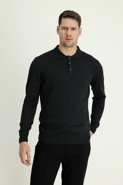 Dark Anthracite Polo Collar Regular Fit Cotton Knit Sweater