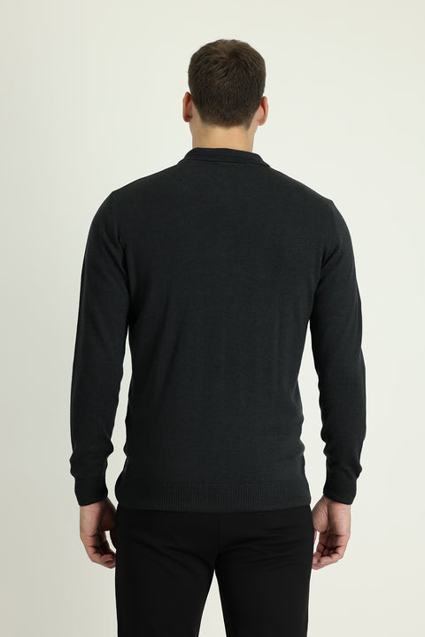 Dark Anthracite Polo Collar Regular Fit Cotton Knit Sweater