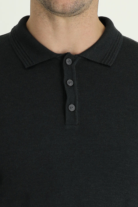 Dark Anthracite Polo Collar Regular Fit Cotton Knit Sweater