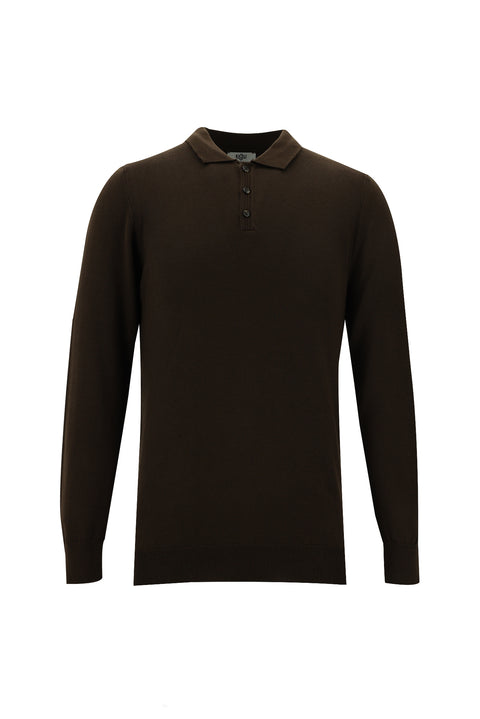 Dark Brown Polo Collar Slim Fit Knit Sweater