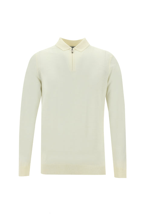 Off-White Polo Collar Regular Fit Zip-Up Wool Knit Sweater