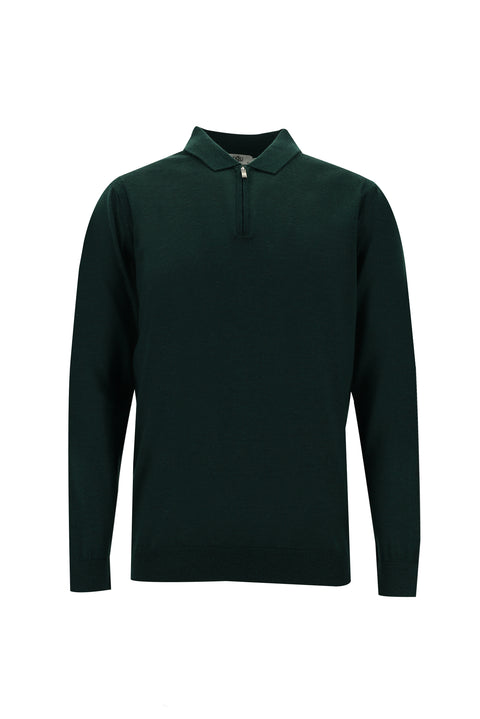 Navy Blue Polo Collar Regular Fit Zip-Up Wool Knit Sweater