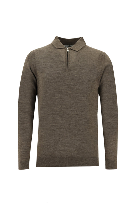 Medium Mink Polo Collar Regular Fit Zip-Up Wool Knit Sweater