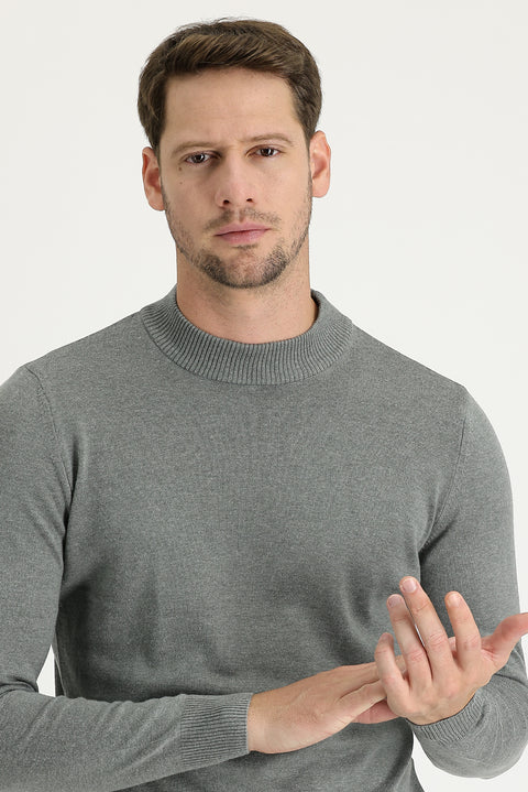 Medium Grey Melange Half Turtleneck Regular Fit Cotton Knit Sweater