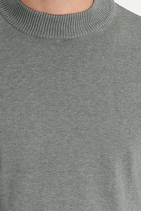 Medium Grey Melange Half Turtleneck Regular Fit Cotton Knit Sweater