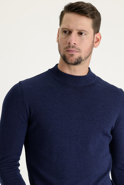 Medium Navy Melange Half Turtleneck Regular Fit Cotton Knit Sweater