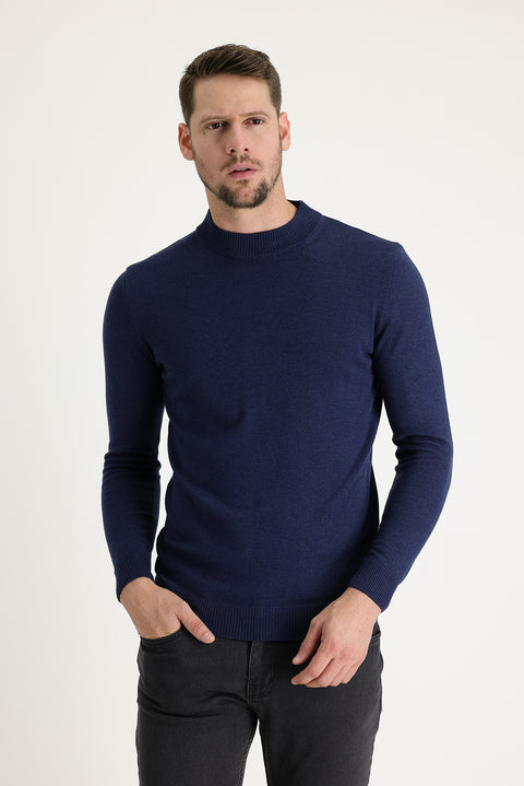 Medium Navy Melange Half Turtleneck Regular Fit Cotton Knit Sweater