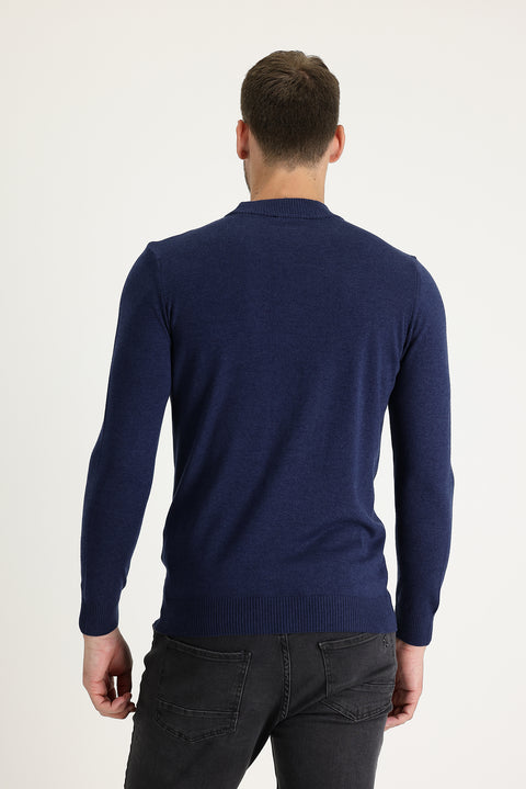 Medium Navy Melange Half Turtleneck Regular Fit Cotton Knit Sweater