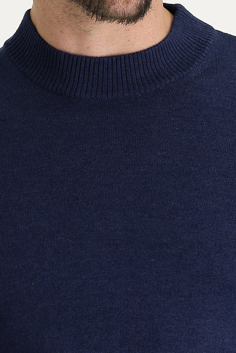 Medium Navy Melange Half Turtleneck Regular Fit Cotton Knit Sweater