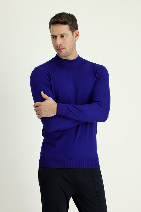 Navy Blue Half Turtleneck Regular Fit Cotton Knit Sweater