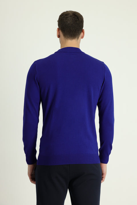 Navy Blue Half Turtleneck Regular Fit Cotton Knit Sweater