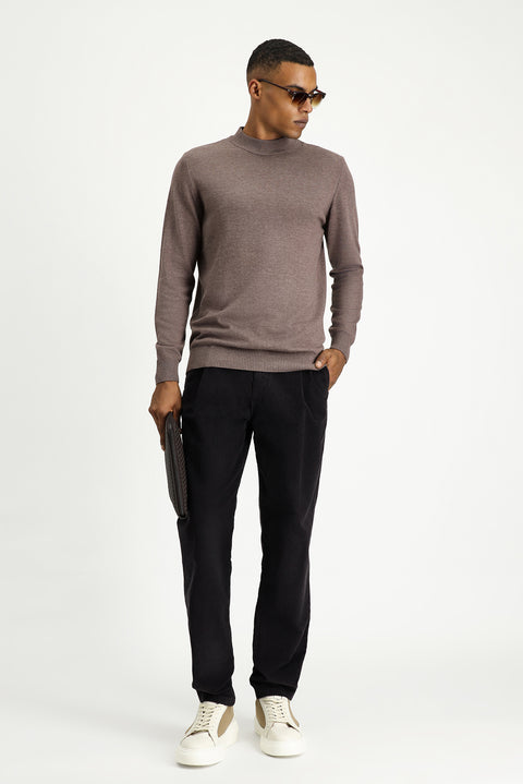 Light Brown Melange Half Turtleneck Regular Fit Cotton Knit Sweater