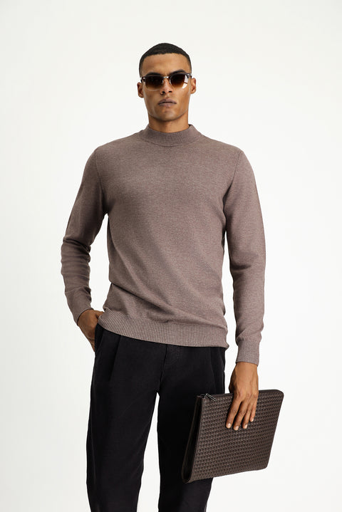 Light Brown Melange Half Turtleneck Regular Fit Cotton Knit Sweater