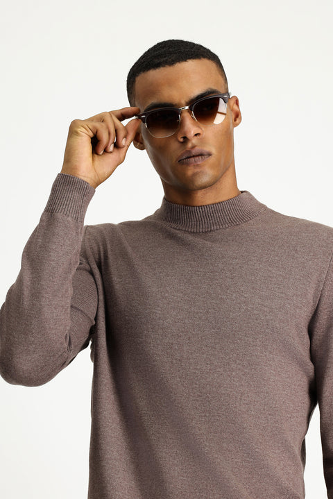 Light Brown Melange Half Turtleneck Regular Fit Cotton Knit Sweater