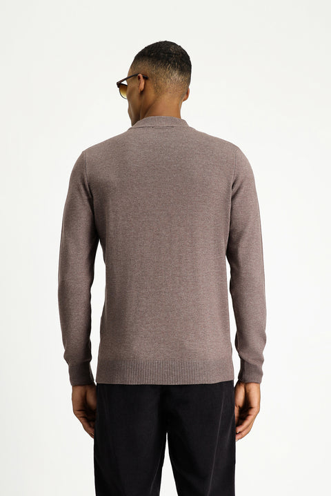 Light Brown Melange Half Turtleneck Regular Fit Cotton Knit Sweater