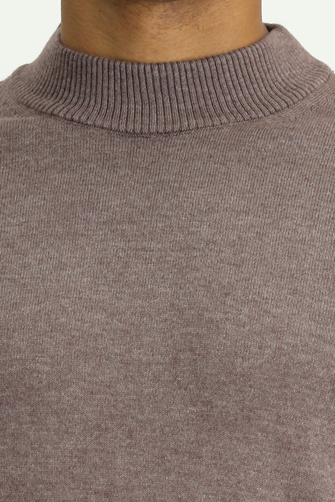Light Brown Melange Half Turtleneck Regular Fit Cotton Knit Sweater