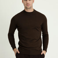 Dark Brown Semi-Turtleneck Regular Fit Cotton Knit Sweater