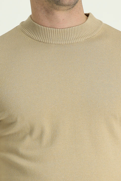 Light Beige Half Turtleneck Regular Fit Cotton Knit Sweater