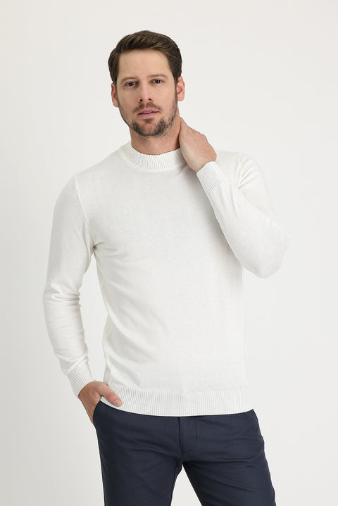 Off-white Semi-Turtleneck Regular Fit Cotton Knit Sweater