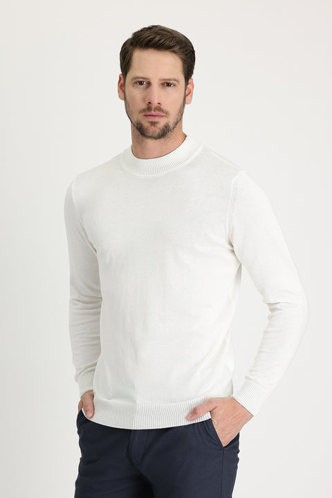 Off-white Semi-Turtleneck Regular Fit Cotton Knit Sweater