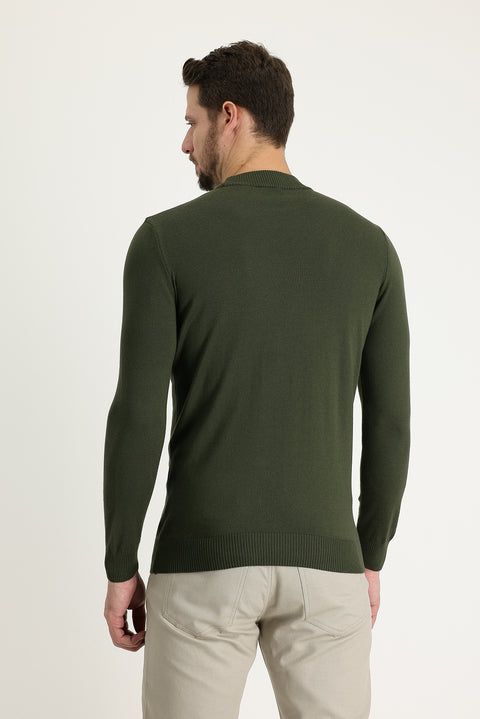 Medium Khaki Half Turtleneck Regular Fit Cotton Knit Sweater