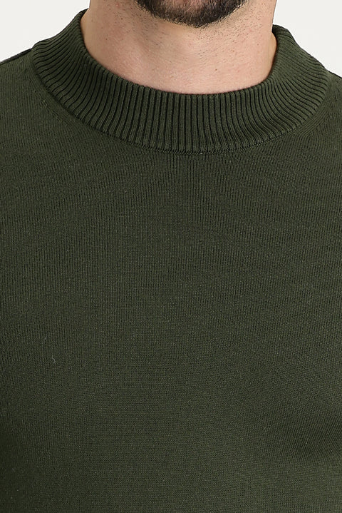 Medium Khaki Half Turtleneck Regular Fit Cotton Knit Sweater