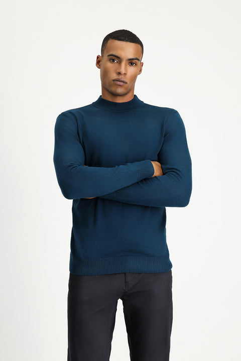 Medium Petrol Half Turtleneck Regular Fit Cotton Knit Sweater