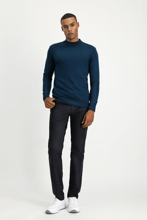 Medium Petrol Half Turtleneck Regular Fit Cotton Knit Sweater