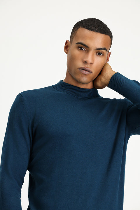 Medium Petrol Half Turtleneck Regular Fit Cotton Knit Sweater