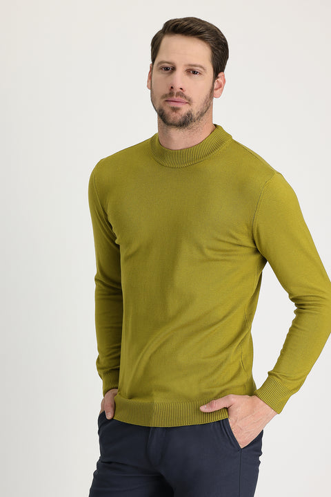 Yağ Yeşili-Olive Yarım Balıkçı Yaka Regular Fit Pamuklu Triko Kazak