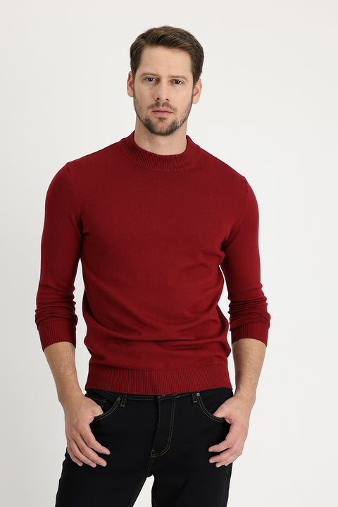 Dark Red Semi-Turtleneck Regular Fit Cotton Knit Sweater