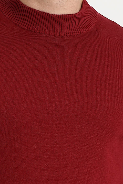 Dark Red Semi-Turtleneck Regular Fit Cotton Knit Sweater