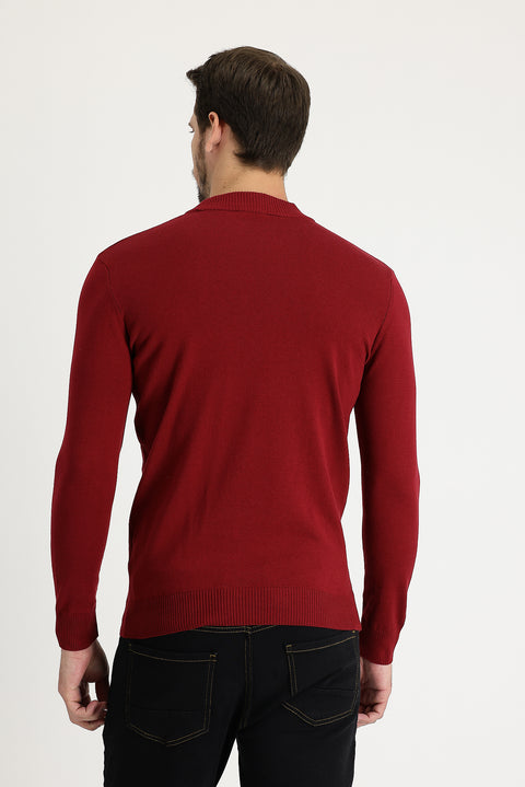Dark Red Semi-Turtleneck Regular Fit Cotton Knit Sweater